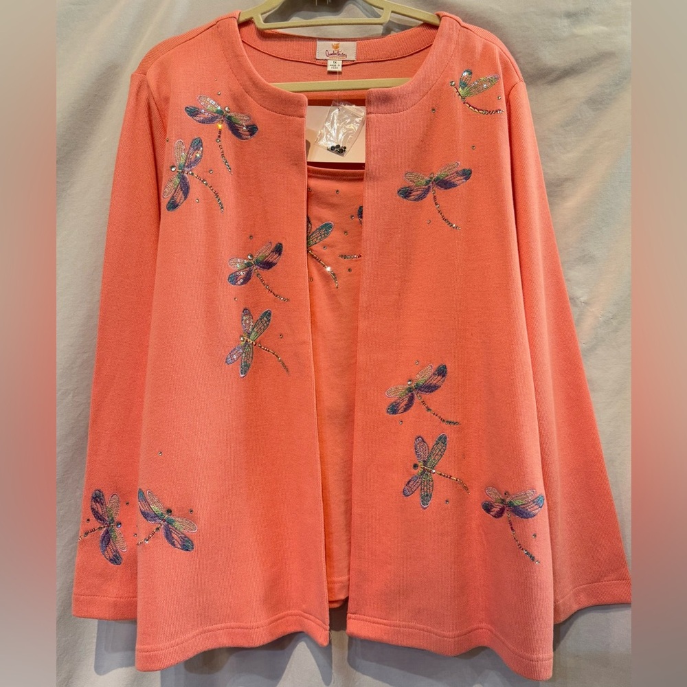 NWT - Quacker Factory Embroidered Dragonfly Cardigan With Attached Tank